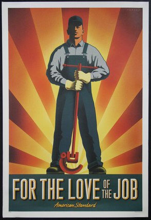 a poster of a worker holding a tool