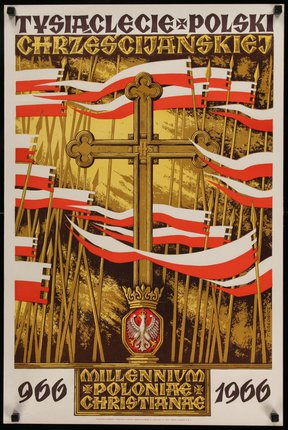 a poster with a cross and flags