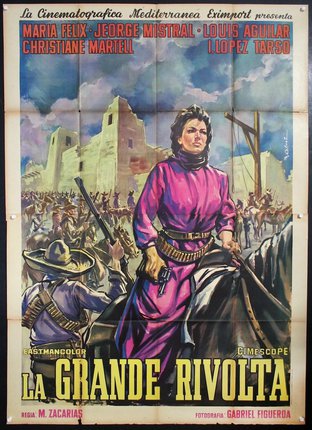 a poster of a woman on a horse with a gun