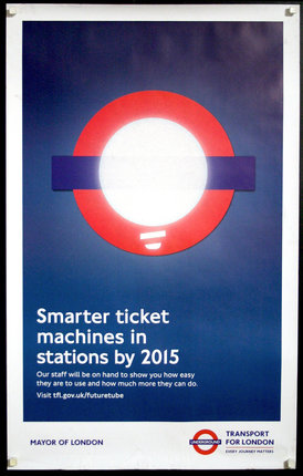 a poster with a round white circle with a red band