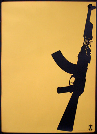 a black and yellow sign with a gun