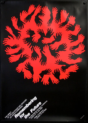 a poster with red hands on a black background