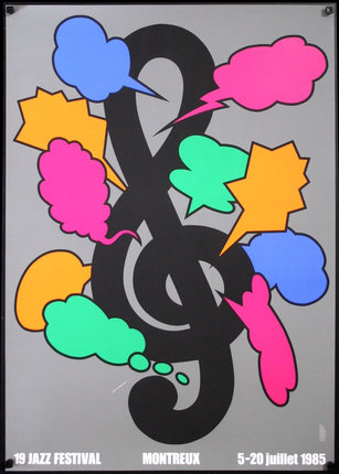 a black treble clef with colorful speech bubbles