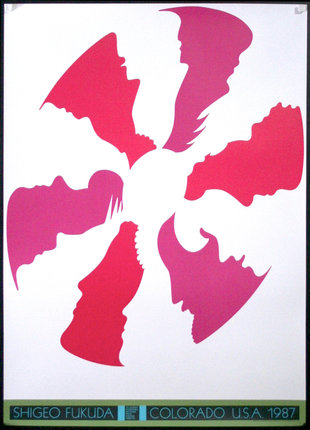 a poster with pink and red faces