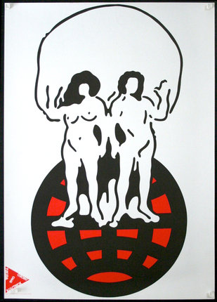 a white and black poster with a couple of naked women on a globe