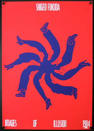 a blue and red poster with legs in the center