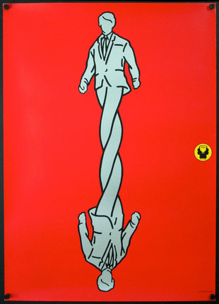 a red poster with a man holding a rope