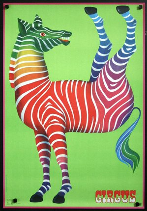 a colorful zebra on a green background
