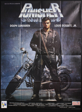 a poster of a man standing on a motorcycle