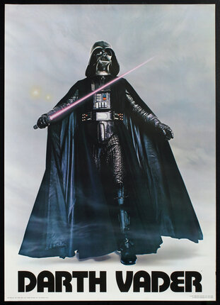 A poster of the star wars movie villain holding a light saber laser sword