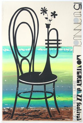 a poster with a trumpet on a chair