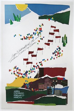 a poster with flags and a city