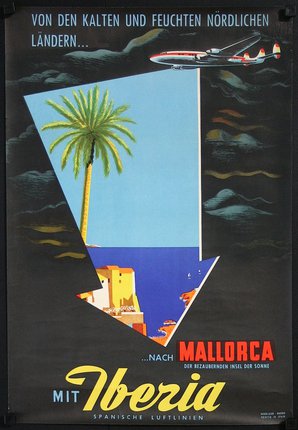 a poster of a plane flying over a palm tree
