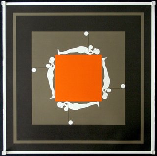 a square orange square with people in the center