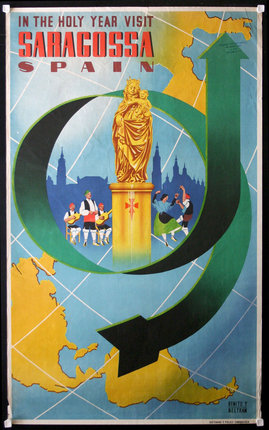 a poster with a gold statue and a green ribbon