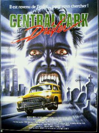 a movie cover with a man biting a yellow taxi