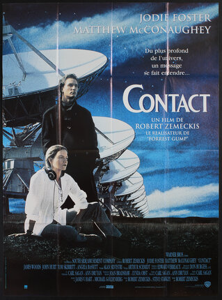 A movie poster with actors Matthew McConaughey (standing) and Jodi Foster (sitting) starring out into an open plain with a row of satellites behind them and stars above.