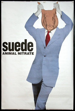 a poster with a pig head in a suit and tie