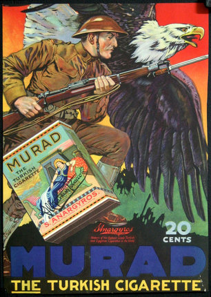 a poster of a soldier holding a gun and a box of cigarettes
