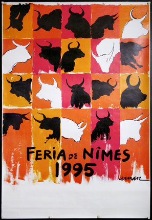 a poster with black and white bull heads