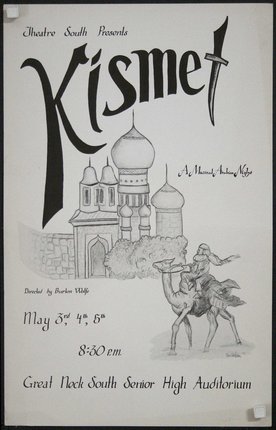 a poster with a drawing of a man riding a camel