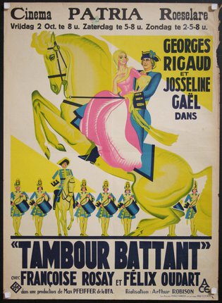 a poster of a man and woman on a horse