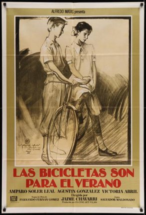 a poster of two women on a bicycle
