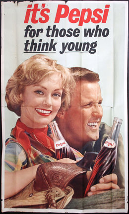 a poster of a man and woman holding bottles of soda