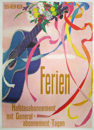 a poster with a guitar and colorful ribbons
