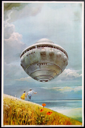 a poster of a ufo flying over a field