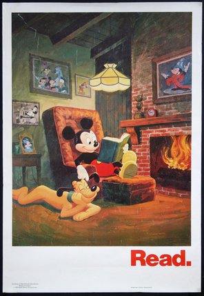 a poster of a cartoon character reading a book