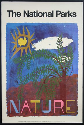 a poster with a tree and sun