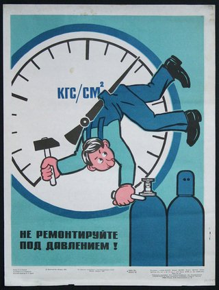 a poster of a man holding a hammer and a clock