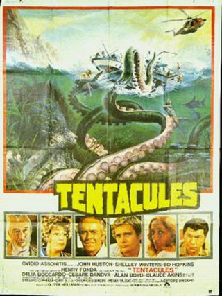 a movie poster with a large octopus and many people