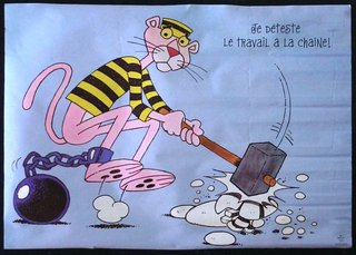 a cartoon of a pink panther with a hammer on a rolling ball
