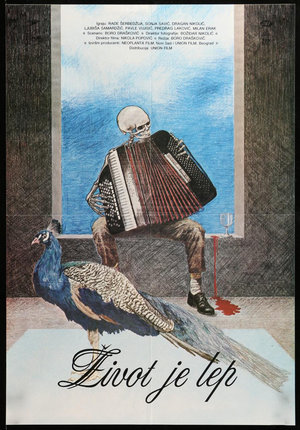 a poster with a skeleton playing an accordion