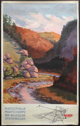 a poster of a river running through a valley