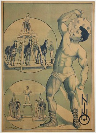 a poster of a man lifting a ball