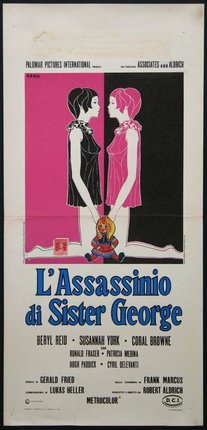 a poster of two women holding a doll
