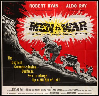 a movie poster with men running up a hill