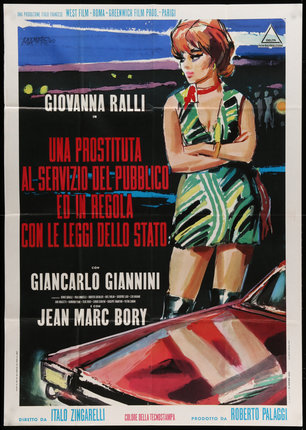 a poster of a woman standing next to a car