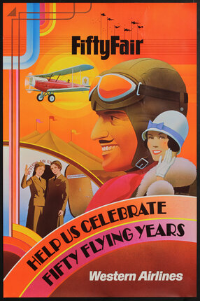 a poster with a man in a helmet and a woman in a hat