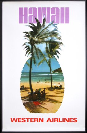 a poster with a pineapple shaped picture of people on a beach