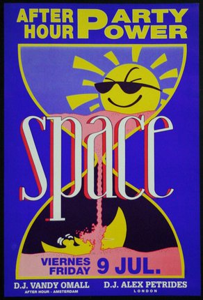 a poster with a sun and a yellow face