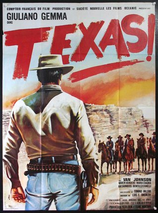 a movie poster of a man walking towards a group of cowboys