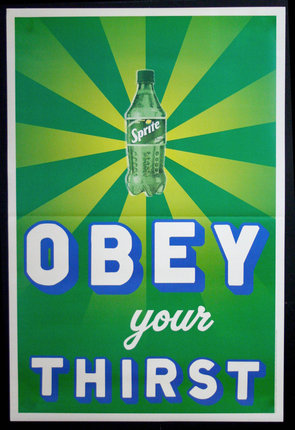 a green and white poster with a bottle of soda