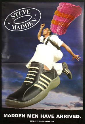 a poster of a man flying on a shoe