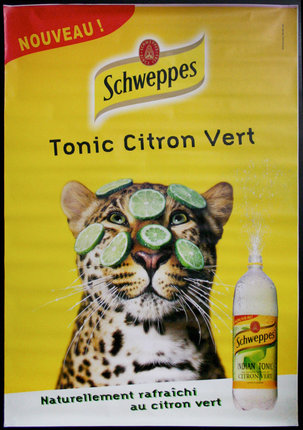 a yellow poster with a leopard with slices of lime on it