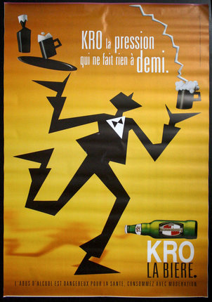 a poster of a man with a mug and a beer bottle