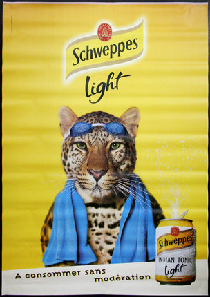 a poster of a leopard with a blue scarf and a can of beer